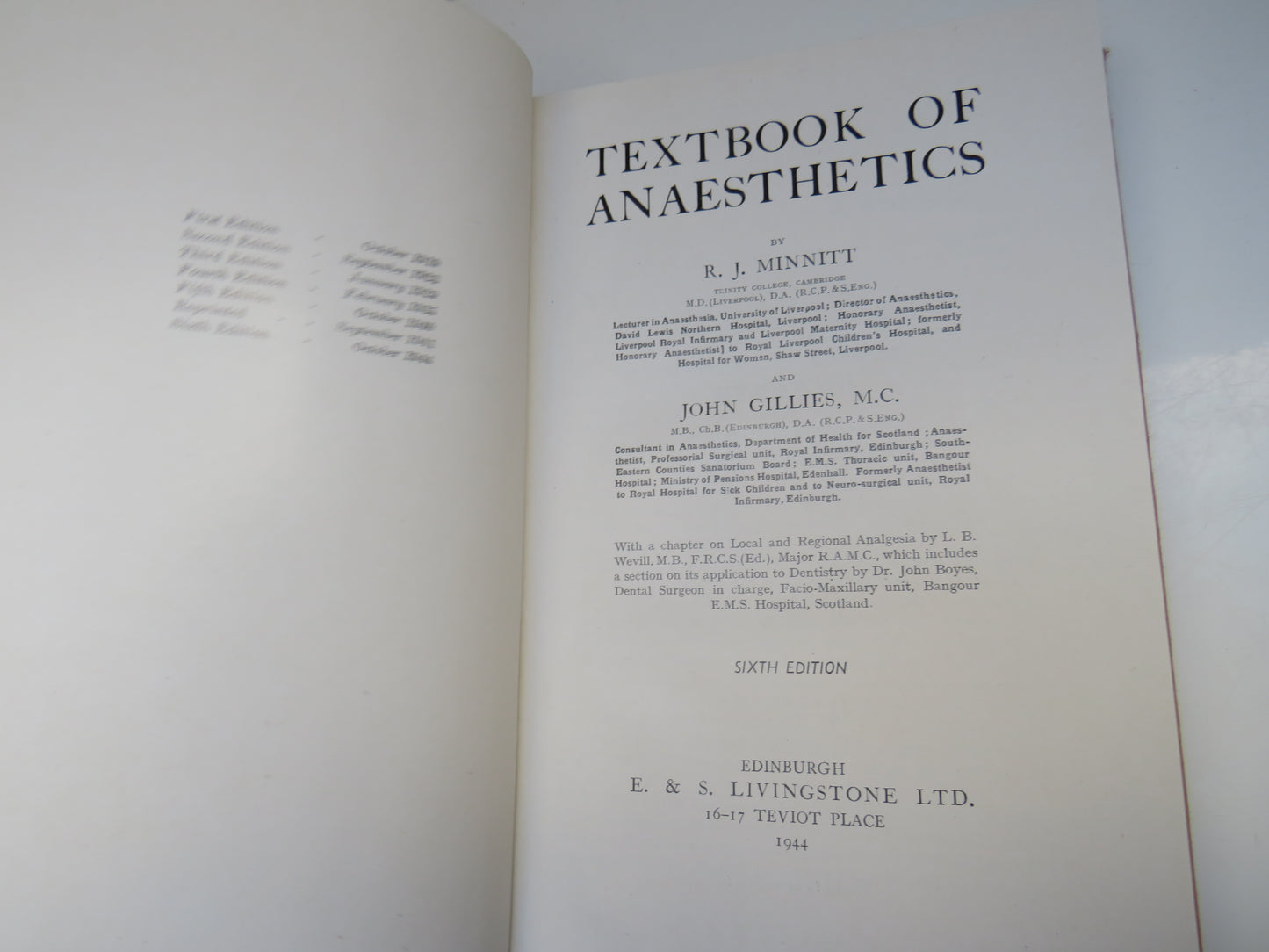 Textbook of Anaesthetics By R.J Minnitt and John Gillies 1944