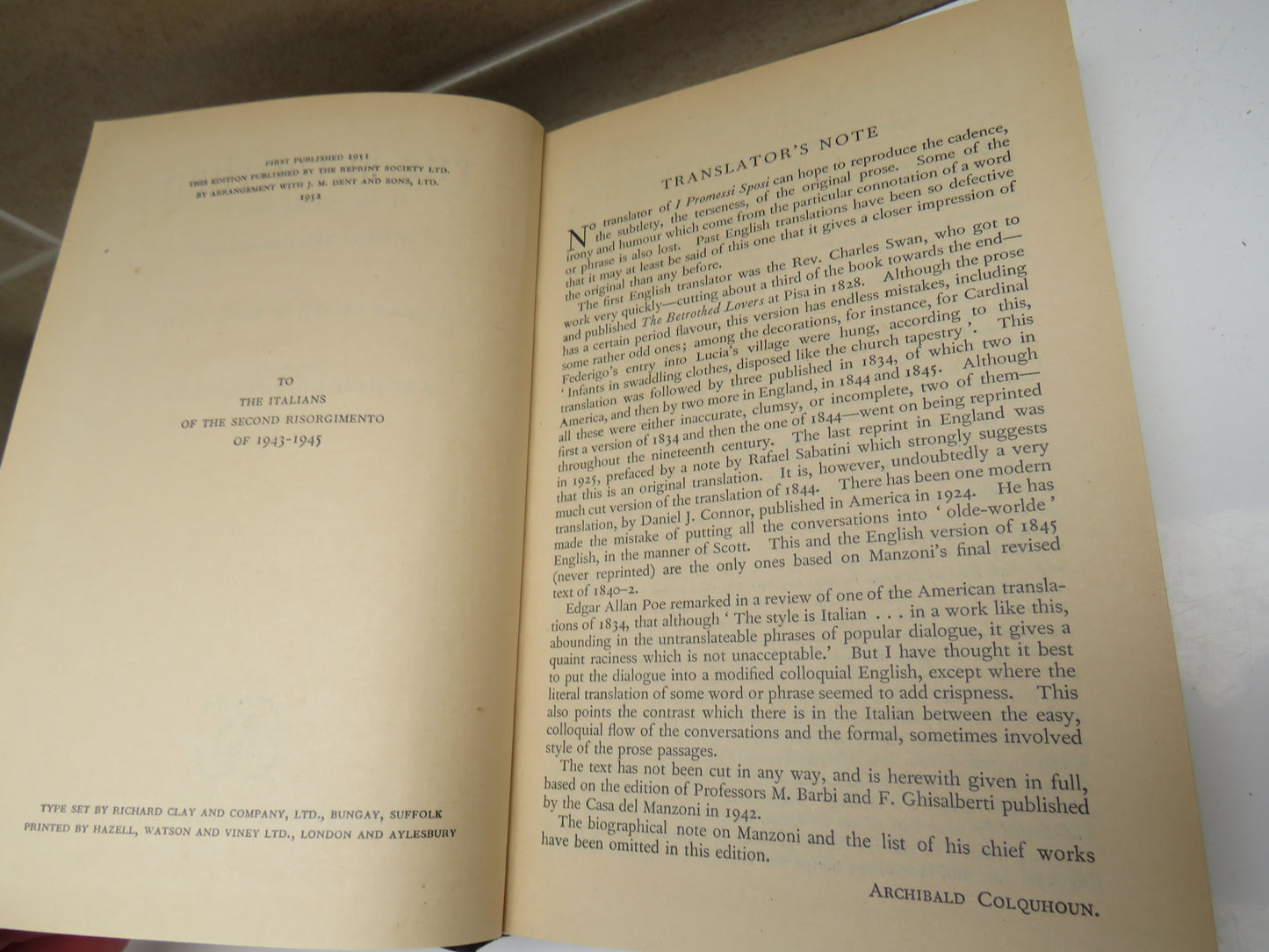 The Betrothed 'I Promessi Sposi' A Tale of XVII Century Milan By Alessandro Manzoni Translated By Archibald Colquhoun 1952