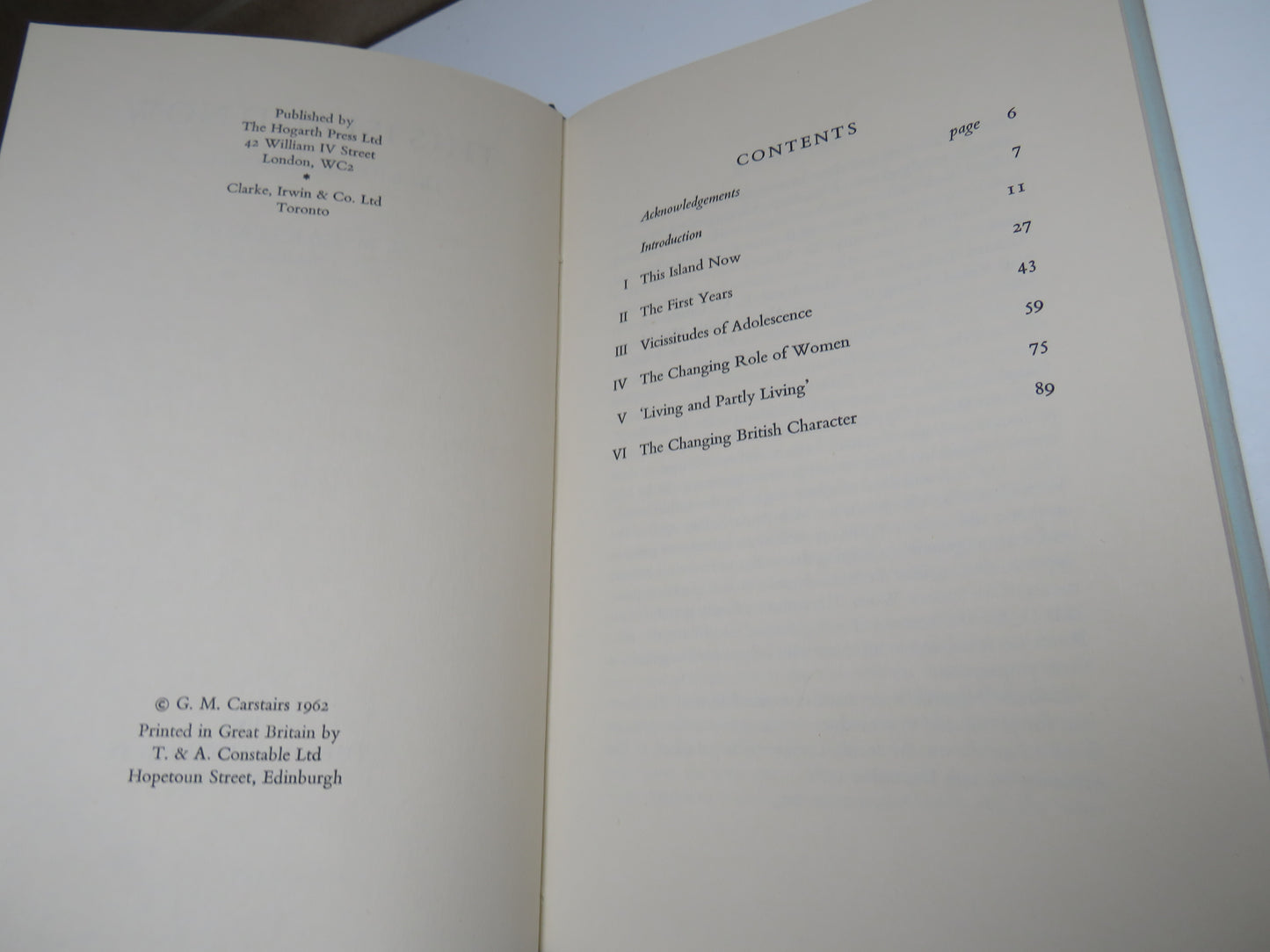 This Island Now Being The B.B.C Reith Lectures, 1962, by G.M. Carstairs, 1963