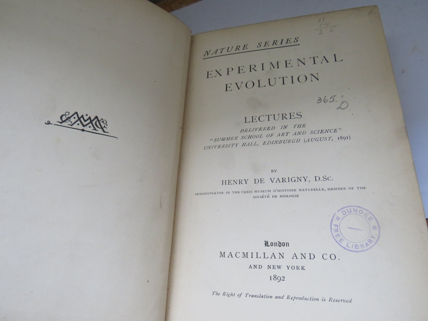 Experimental Evolution Lectures By Henry De Varigny 1892