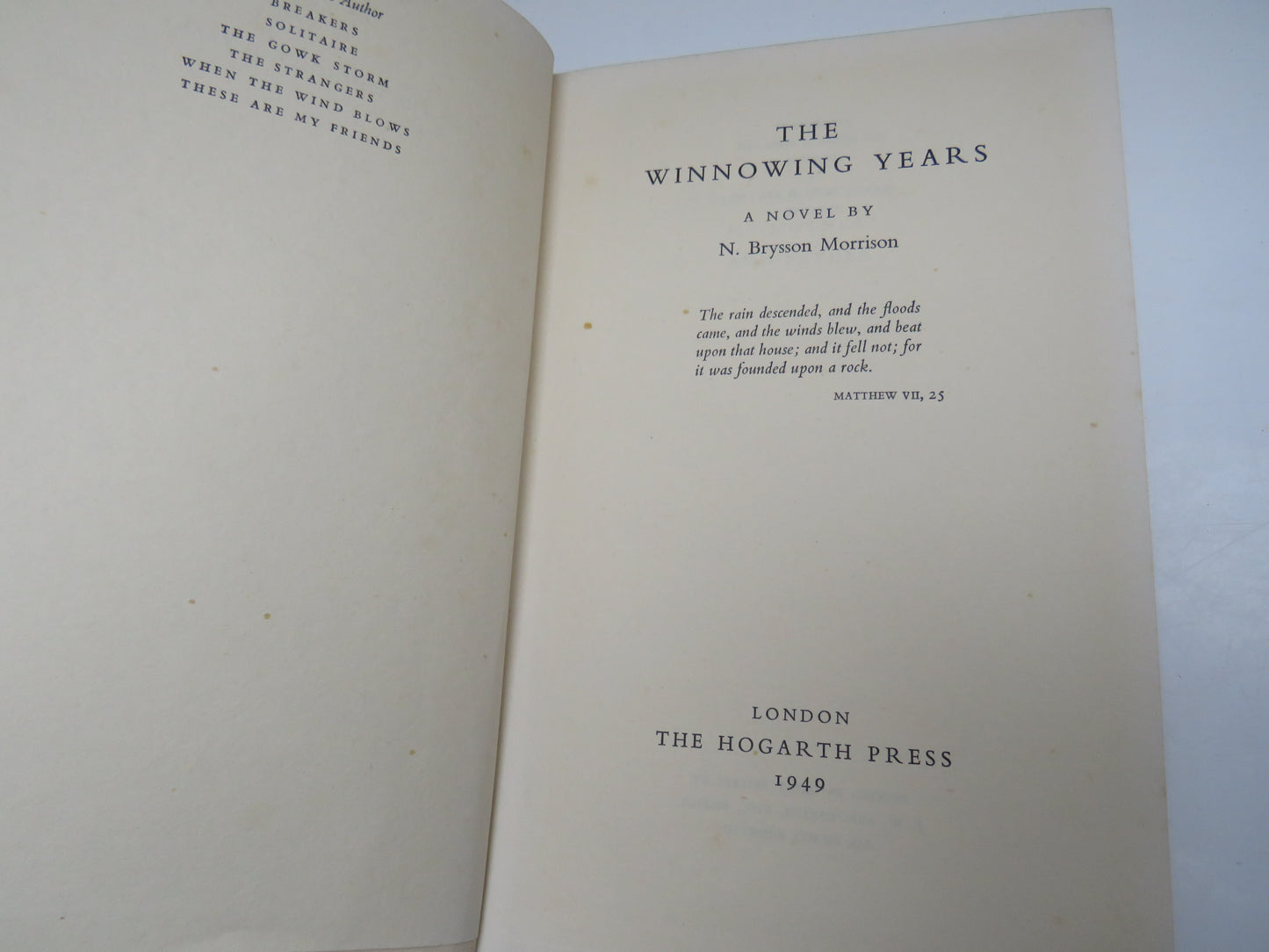 The Winnowing Years by N. Brysson Morrison, 1949, Old Book