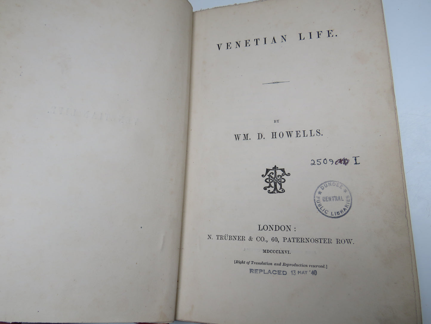 Venetian Life by WM. D. Howells, 1866, Antique Book