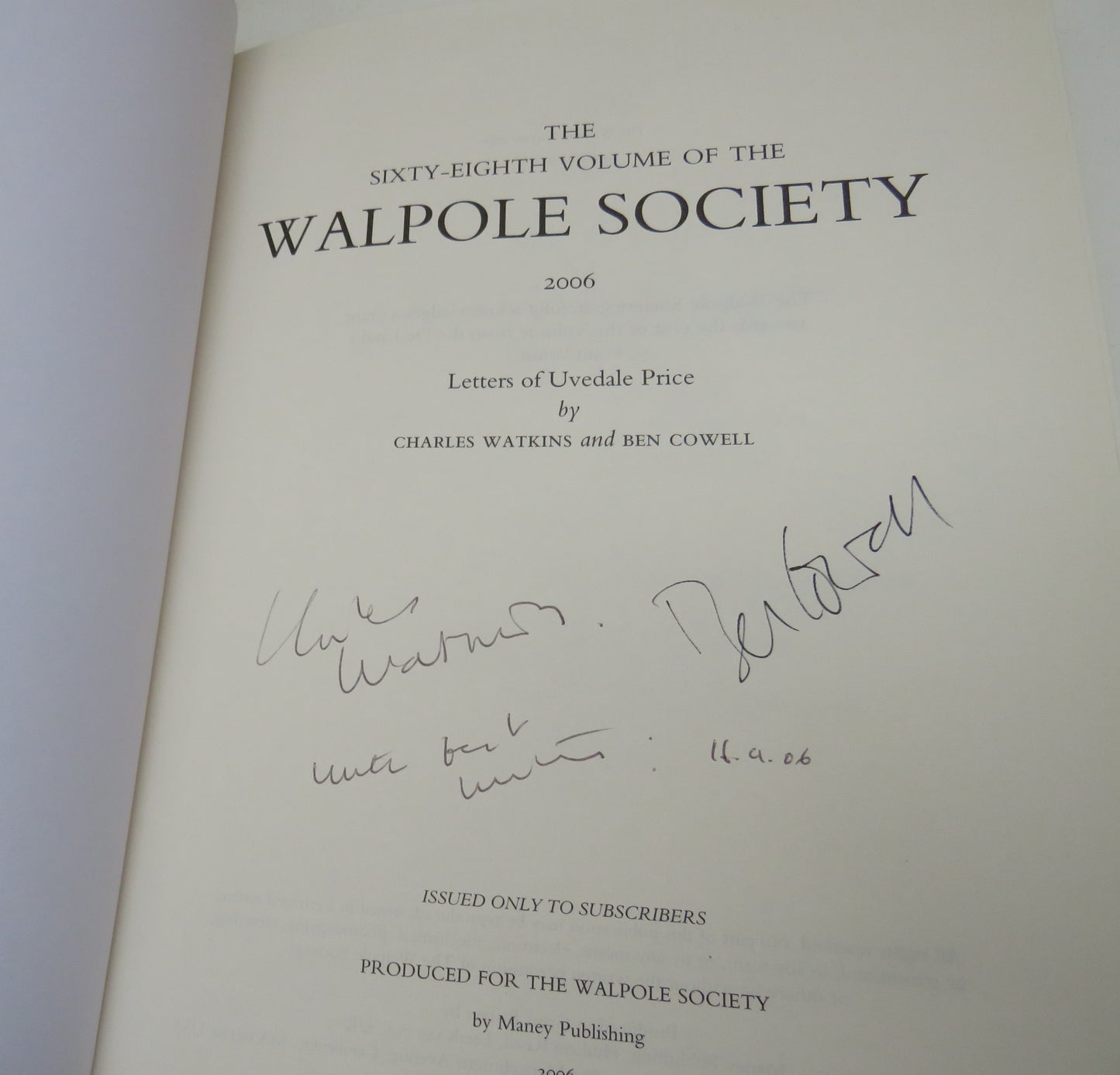 The Sixty-Eighth Volume of the Walpole Society 2006 Letters of Uvedale Price By Charles Watkins and Ben Cowell Signed by Authors