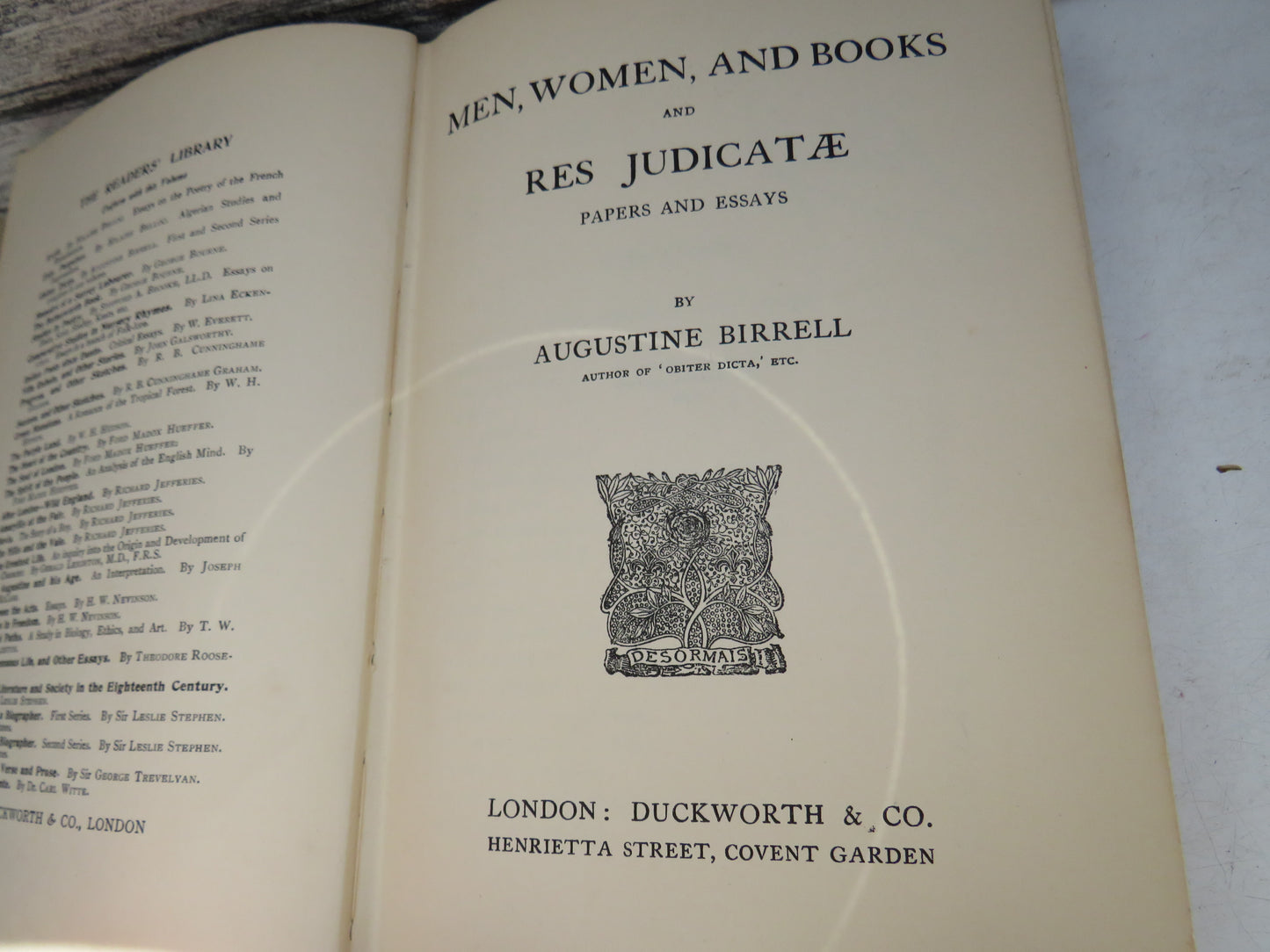 Men, Women, and Books and Res Judicatae Papers and Essays By Augustine Birrell 1912