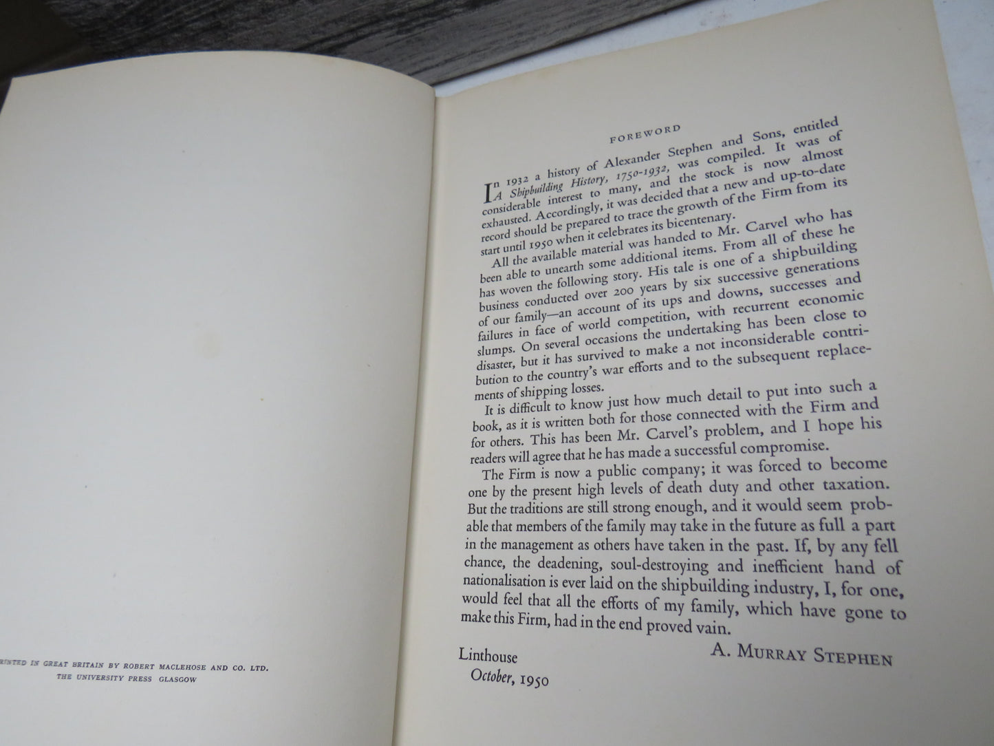 Stephen of Linthouse A Record of Two Hundred Years of Shipbuilding 1750-1950 By John L. Carvel