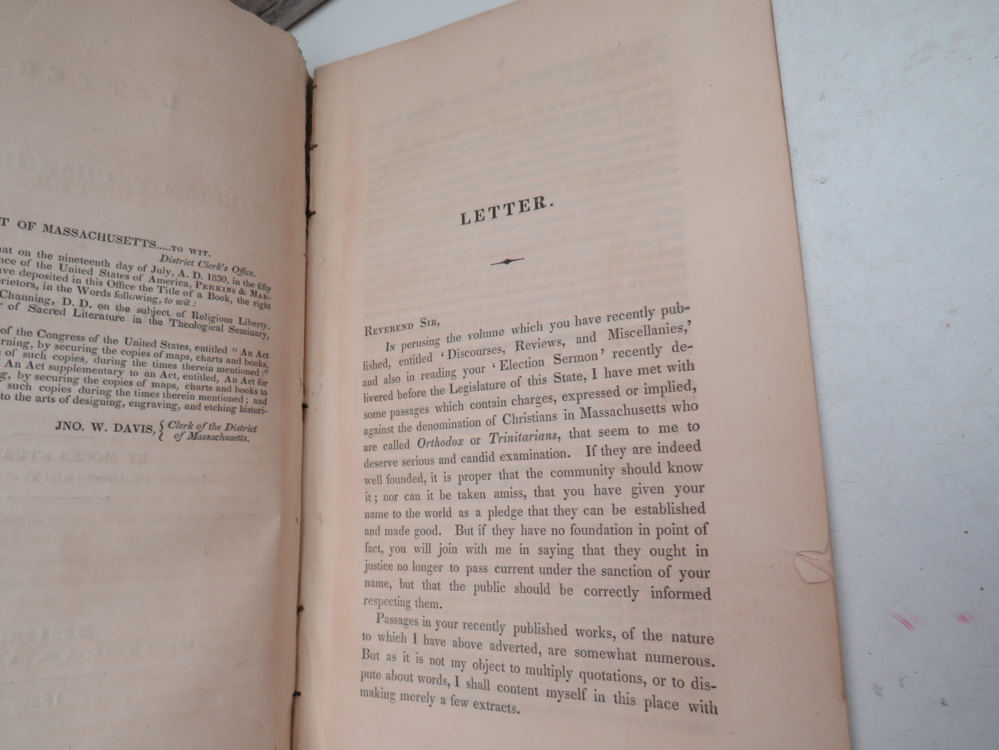 A Letter To William E. Channing On The Subject of Religious Liberty By Moses Stuart 1830