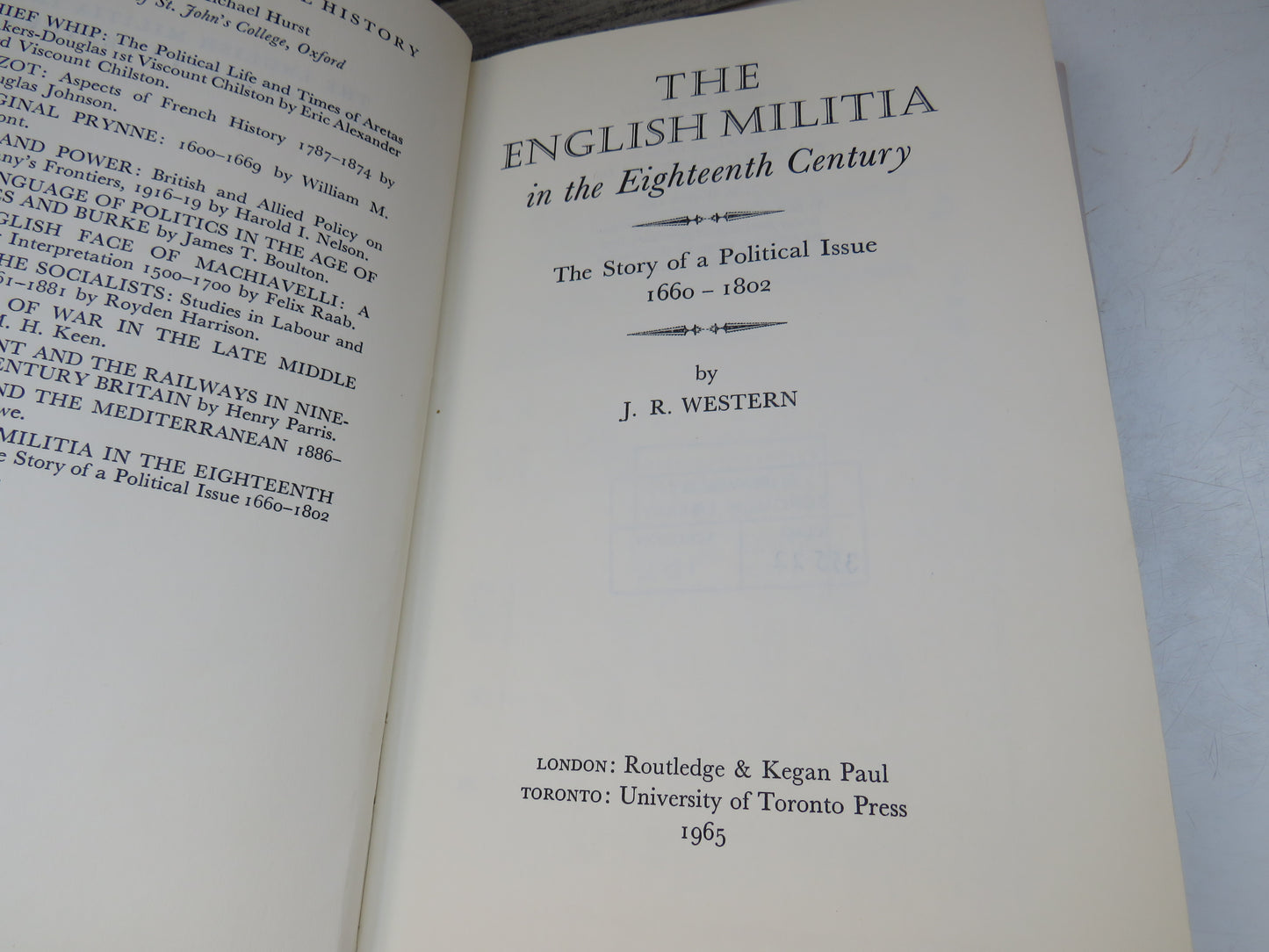 The English Militia In The Eighteenth Century The Story of a Political Issue 1660-1802 By J.R. Western 1965