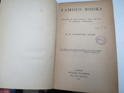 Famous Books Sketches In The Highways and Byeways of English Literature By W. Davenport Adams