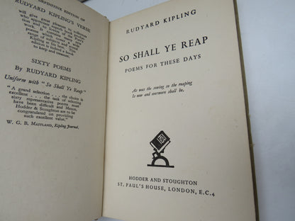 So Shall Ye Reap Poems For These Days By Rudyard Kipling 1941
