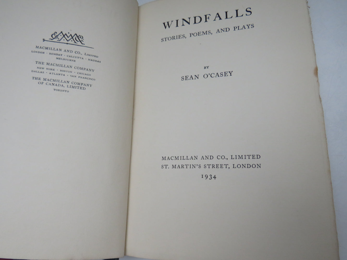 Windfalls Stories, Poems, and Plays By Sea O'Casey 1934
