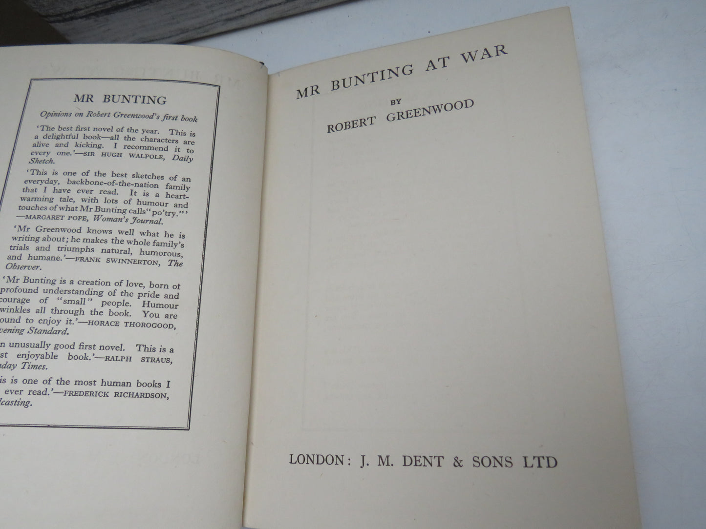 Mr Bunting At War By Robert Greenwood 1941 1st Edition