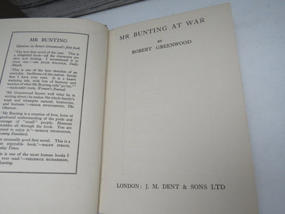 Mr Bunting At War By Robert Greenwood 1941 1st Edition