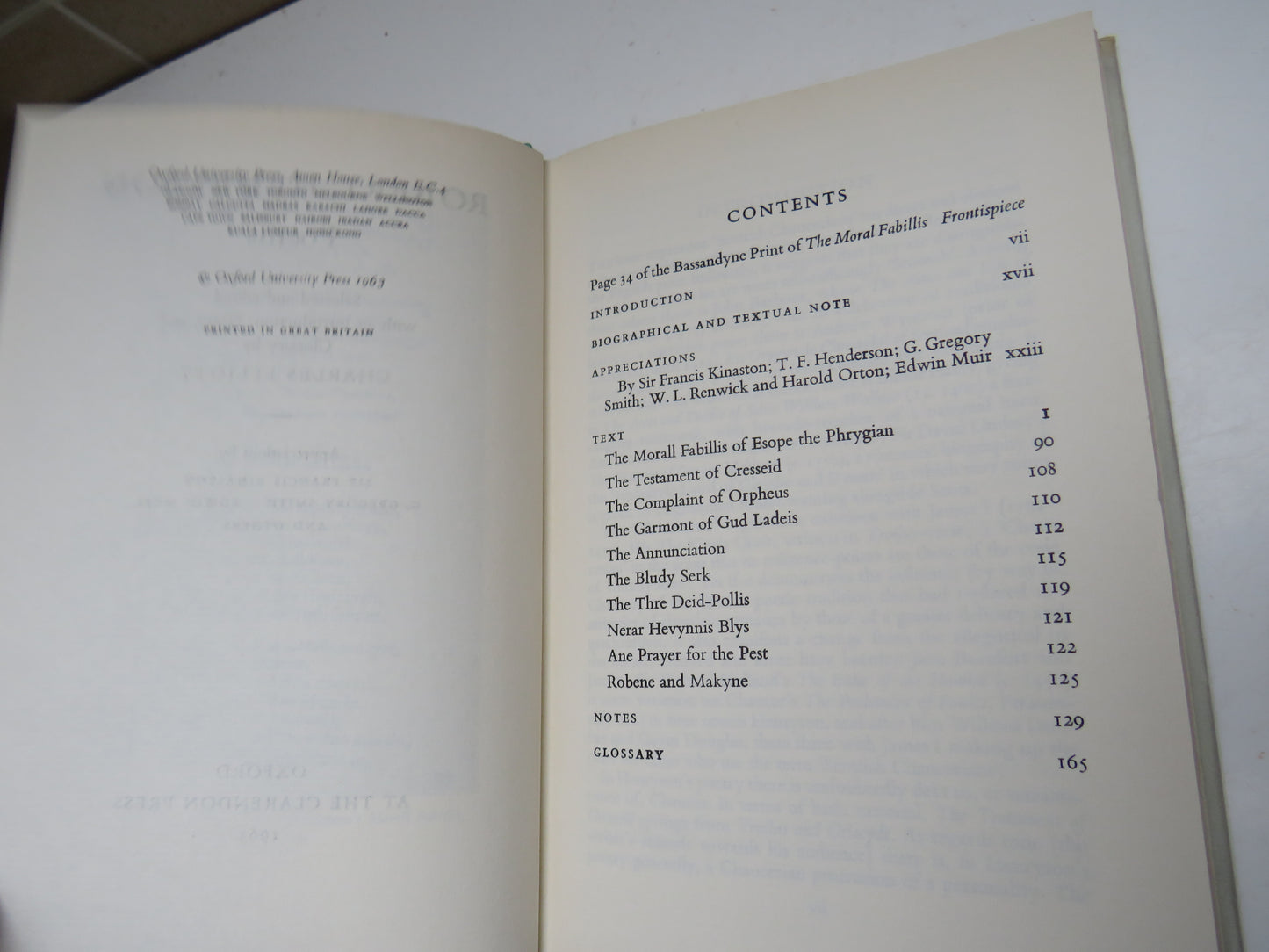 Robert Henryson Poems Selected and Edited With An Introduction, Notes and Glossary By Charles Elliott 1963