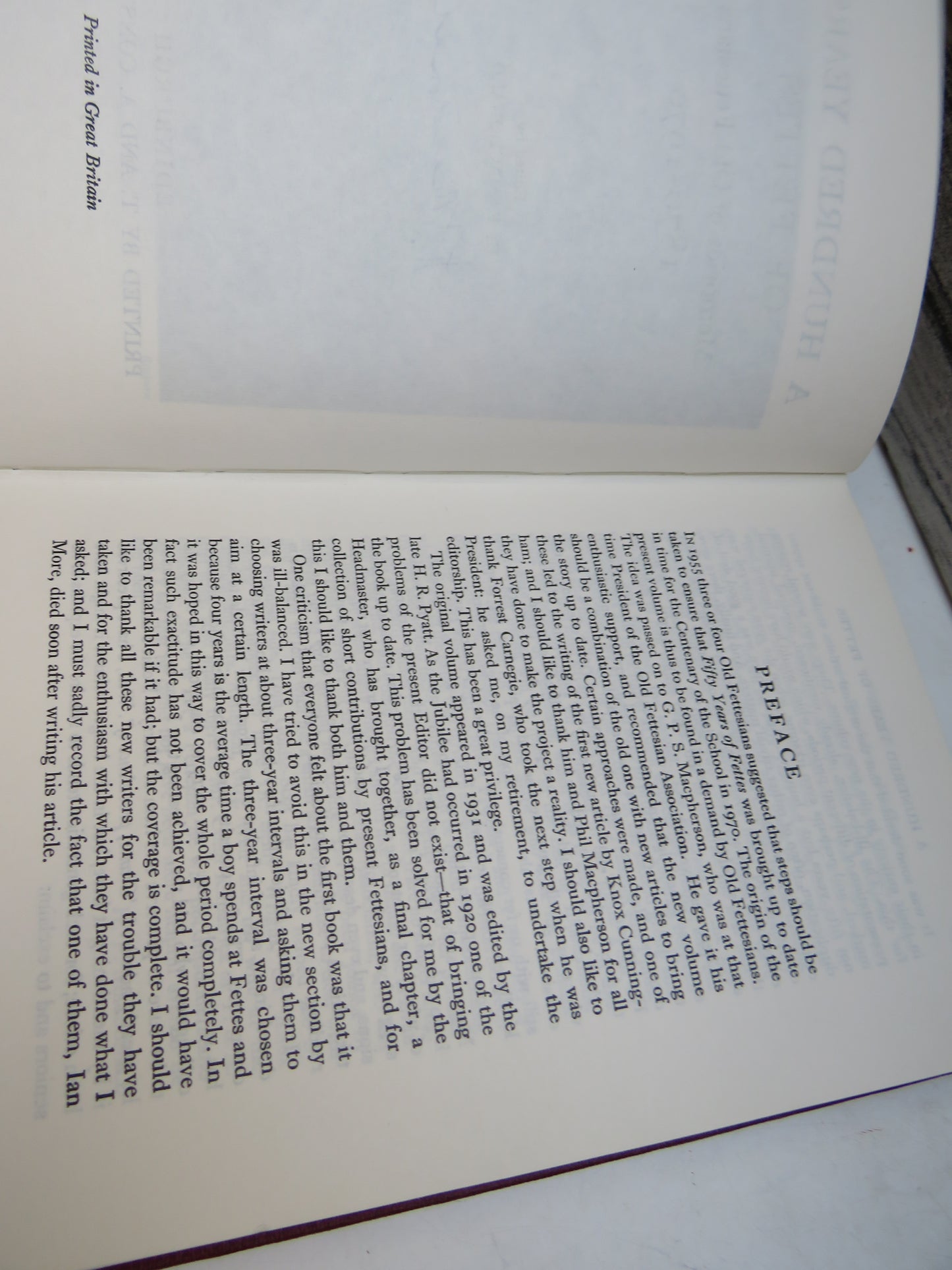 A Hundred Years of Fettes Memories of Old Fettesians 1870-1970 Edited By H. F. MacDonald 1970