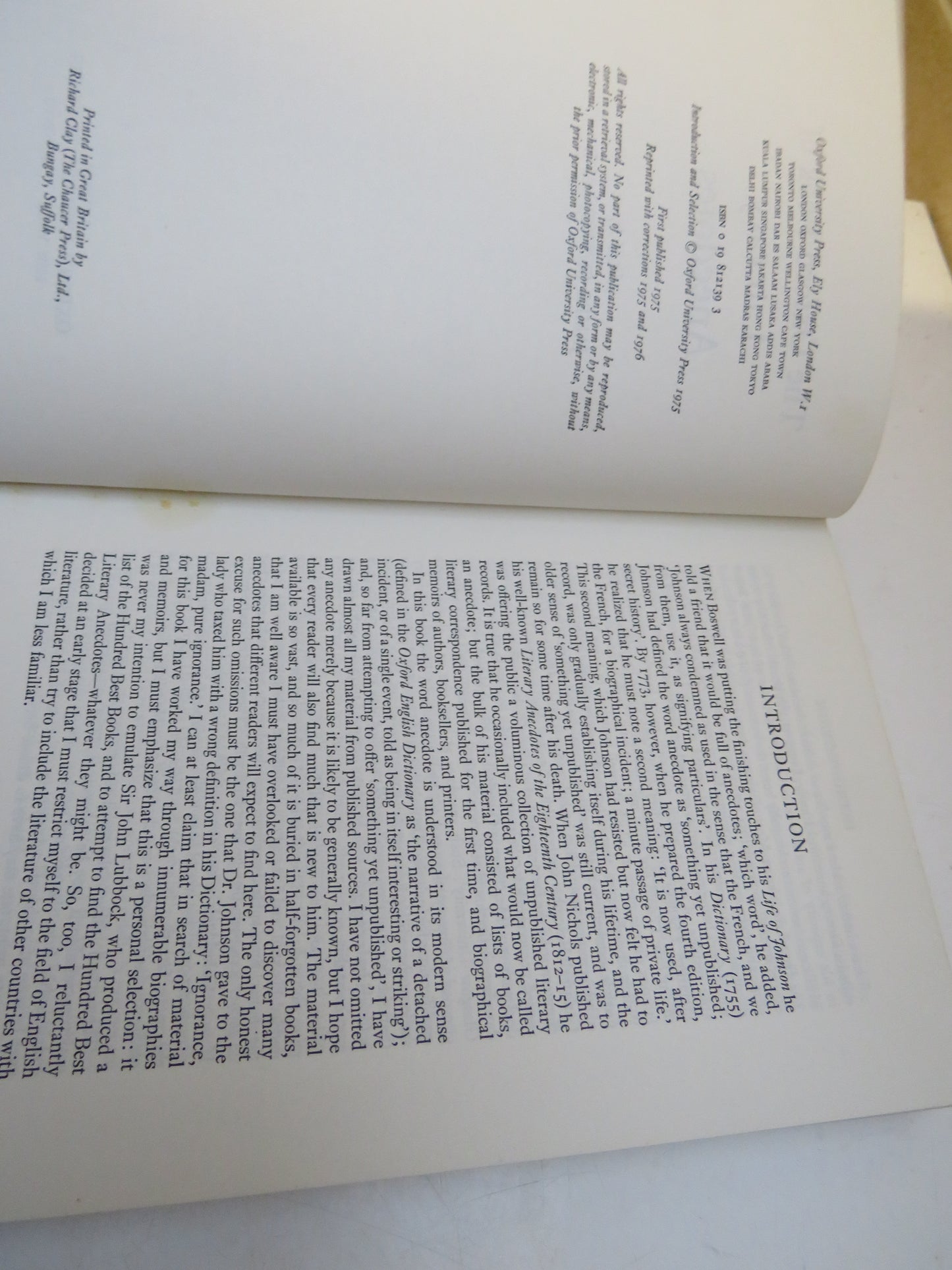 The Oxford Book of Literary Anecdotes Edited By James Sutherland 1976