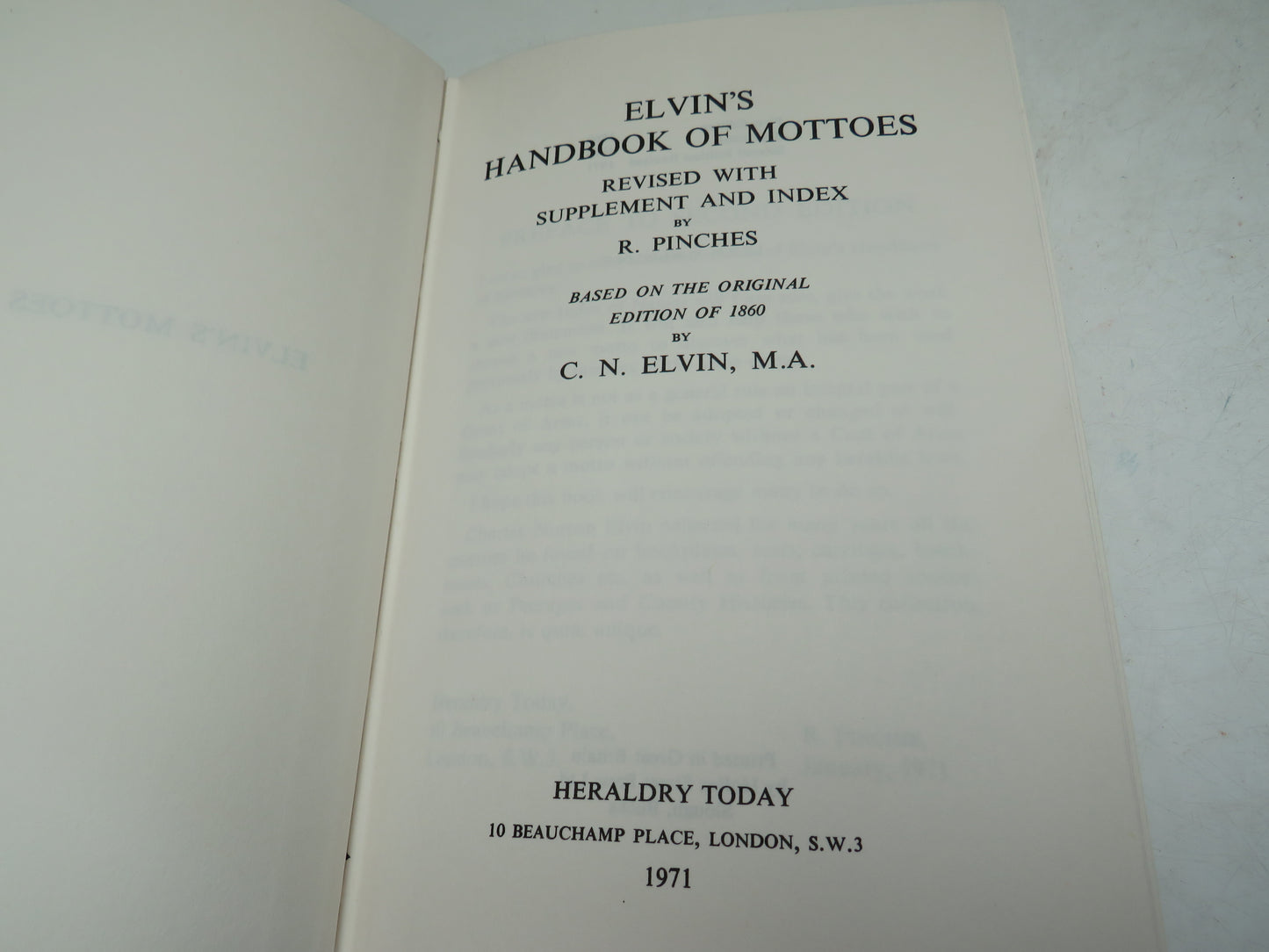Elvin's Handbook of Mottoes Revised With Supplement and Index By R. Pinches 1971
