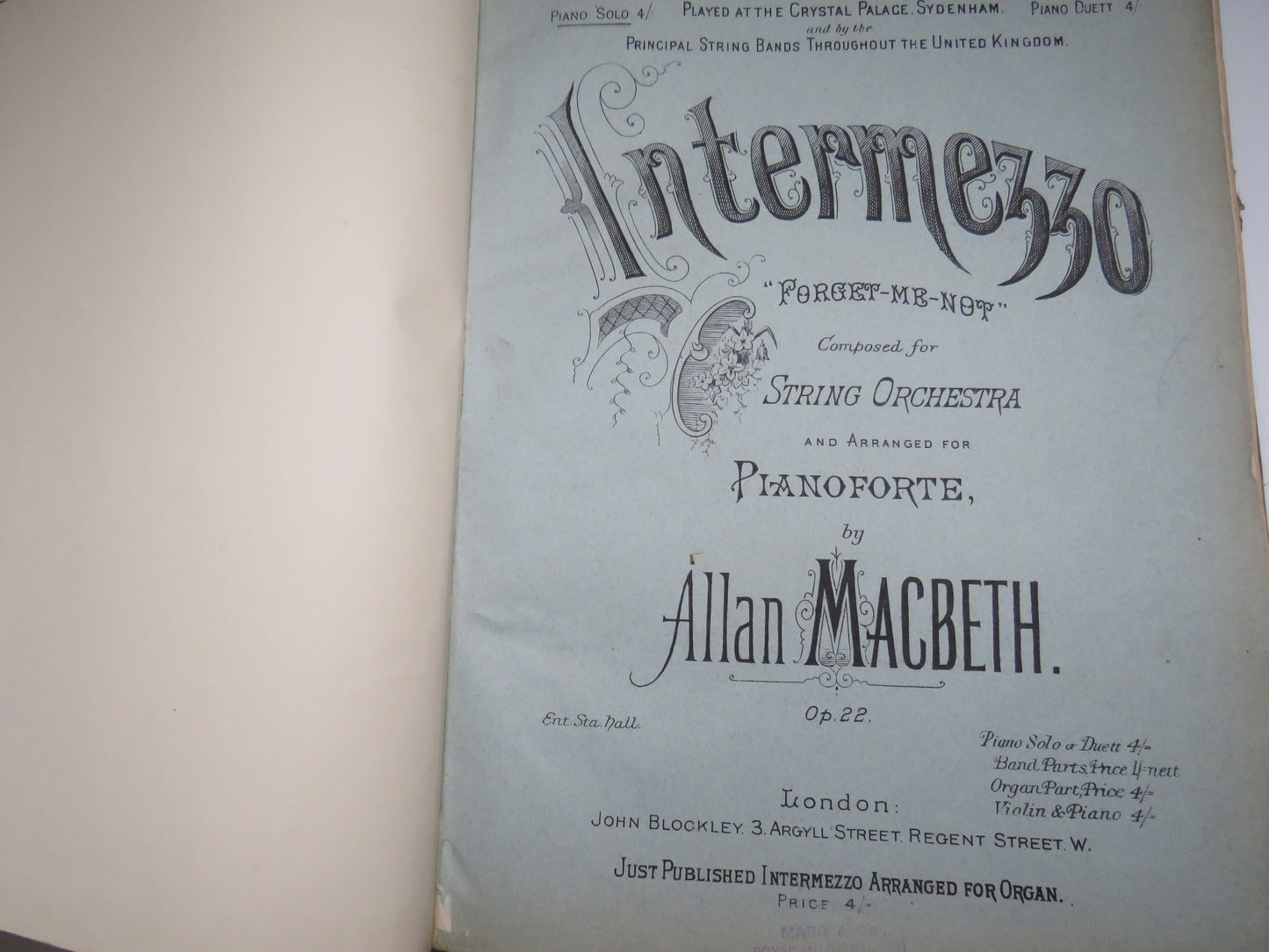 Large Bound Book Full of Antique Sheet Music  Pianoforte To Include  "Intermezzo", Adante and Rondo Capriccioso For Piano By Mendelssohn