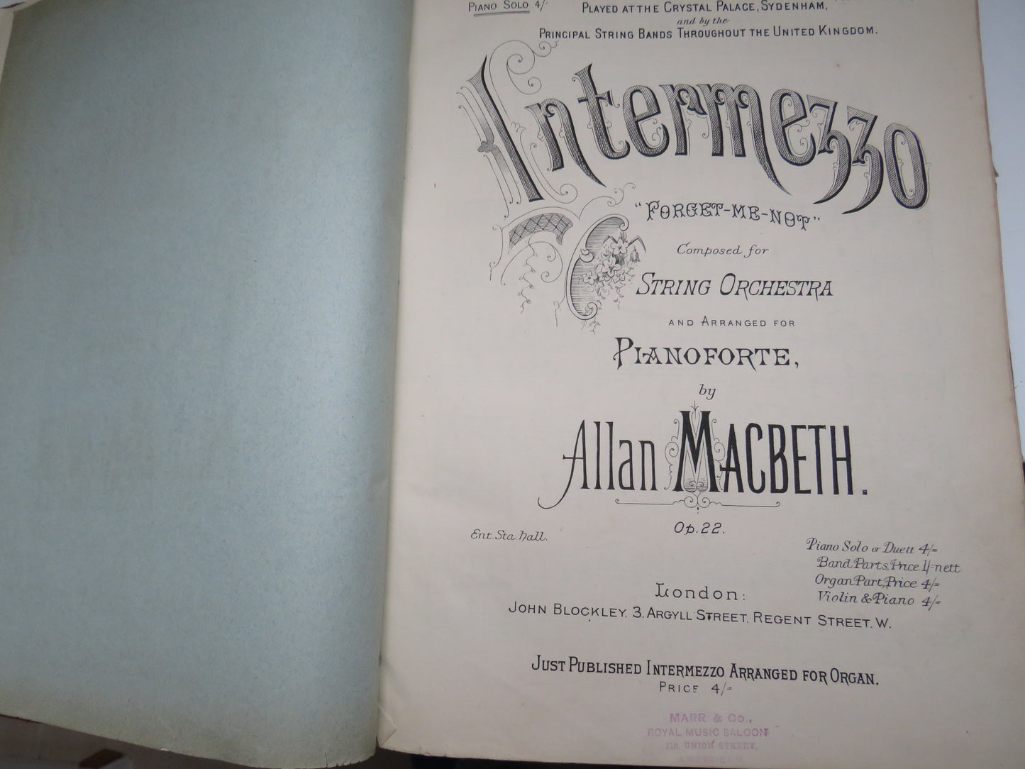Large Bound Book Full of Antique Sheet Music  Pianoforte To Include  "Intermezzo", Adante and Rondo Capriccioso For Piano By Mendelssohn