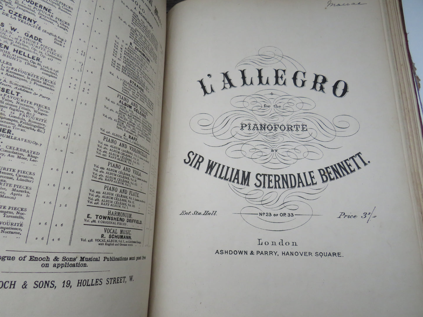 Large Bound Book Full of Antique Sheet Music  Pianoforte To Include  "Intermezzo", Adante and Rondo Capriccioso For Piano By Mendelssohn