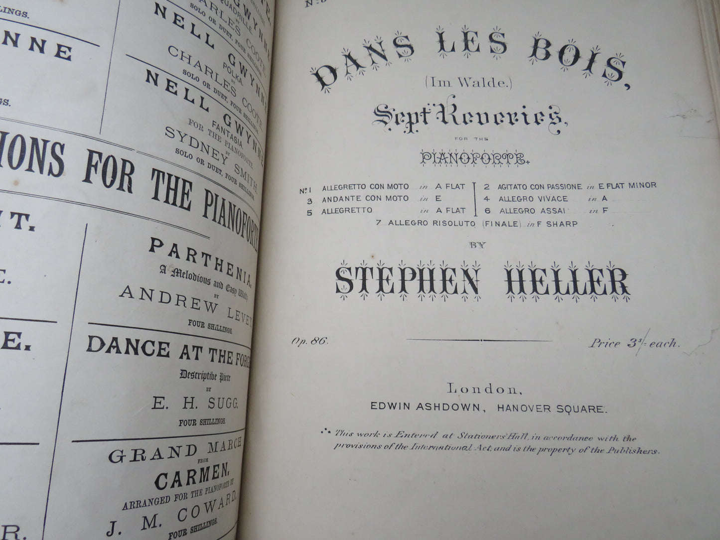 Large Bound Book Full of Antique Sheet Music  Pianoforte To Include  "Intermezzo", Adante and Rondo Capriccioso For Piano By Mendelssohn