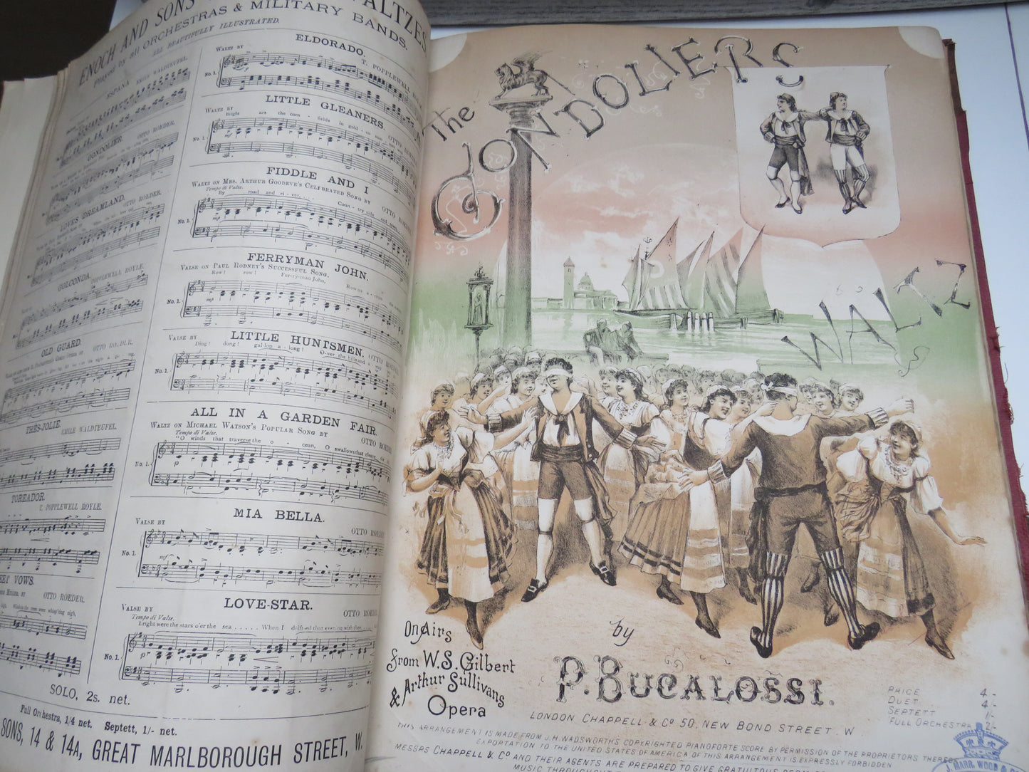 Large Bound Book Full of Antique Sheet Music To Include Fairy Tales Waltz By Otto Roeder, Toreador Waltz By T. Popplewell Royle, The Gondoliers By P. Bucalossi etc
