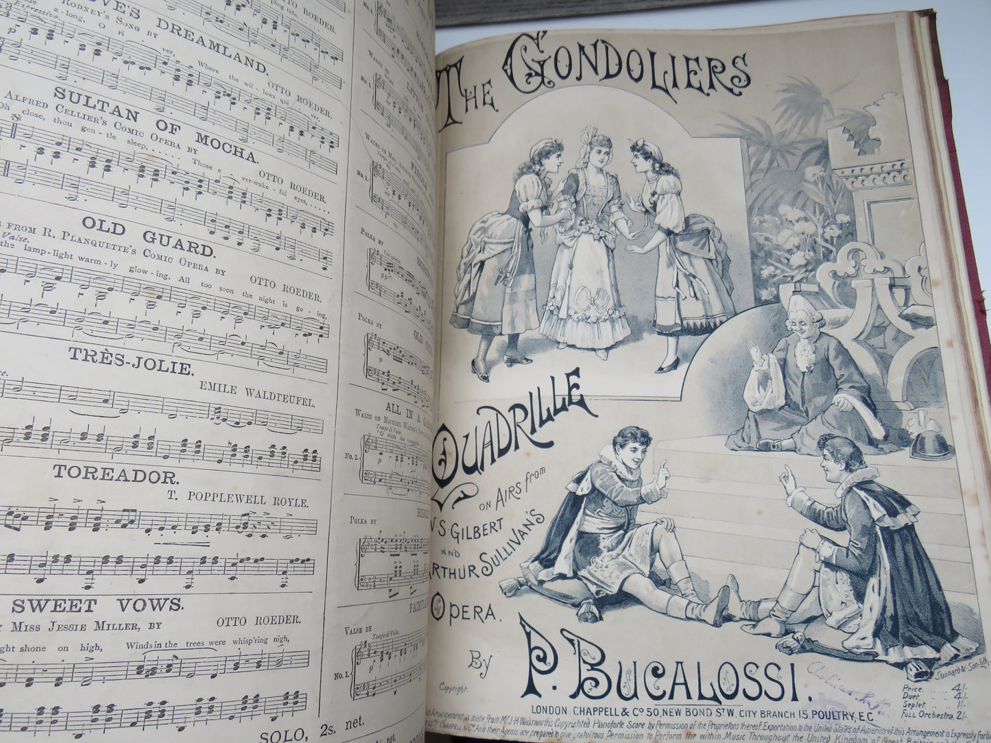 Large Bound Book Full of Antique Sheet Music To Include Fairy Tales Waltz By Otto Roeder, Toreador Waltz By T. Popplewell Royle, The Gondoliers By P. Bucalossi etc