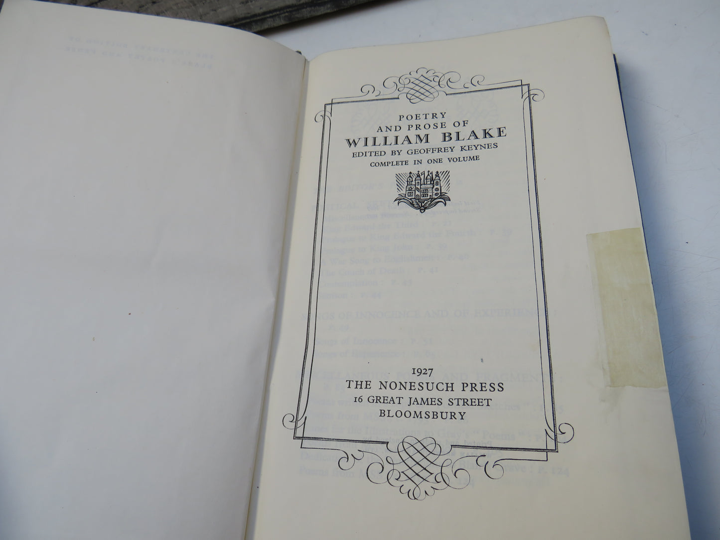 Poetry and Prose of William Blake, edited by Geoffrey Keynes, 1927, Vintage Poetry Book
