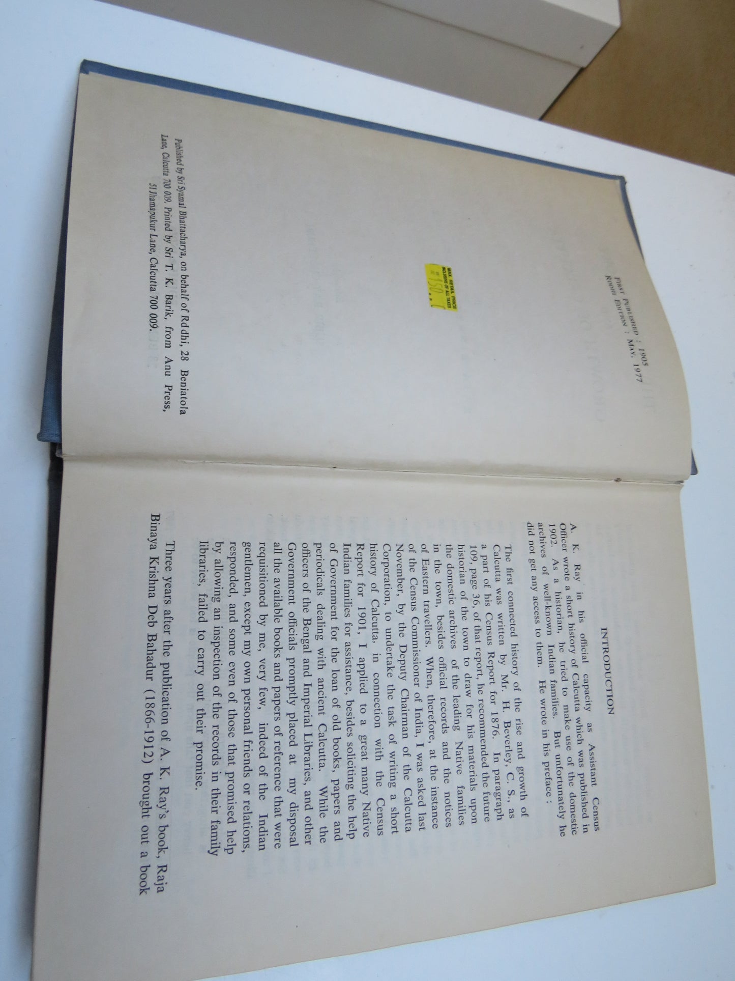 The Early History and Growth of Calcutta By Raja Binaya Krishna Deb 1977
