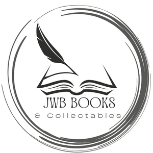 Black logo showing book with feather pen, JWB Books and Collectables