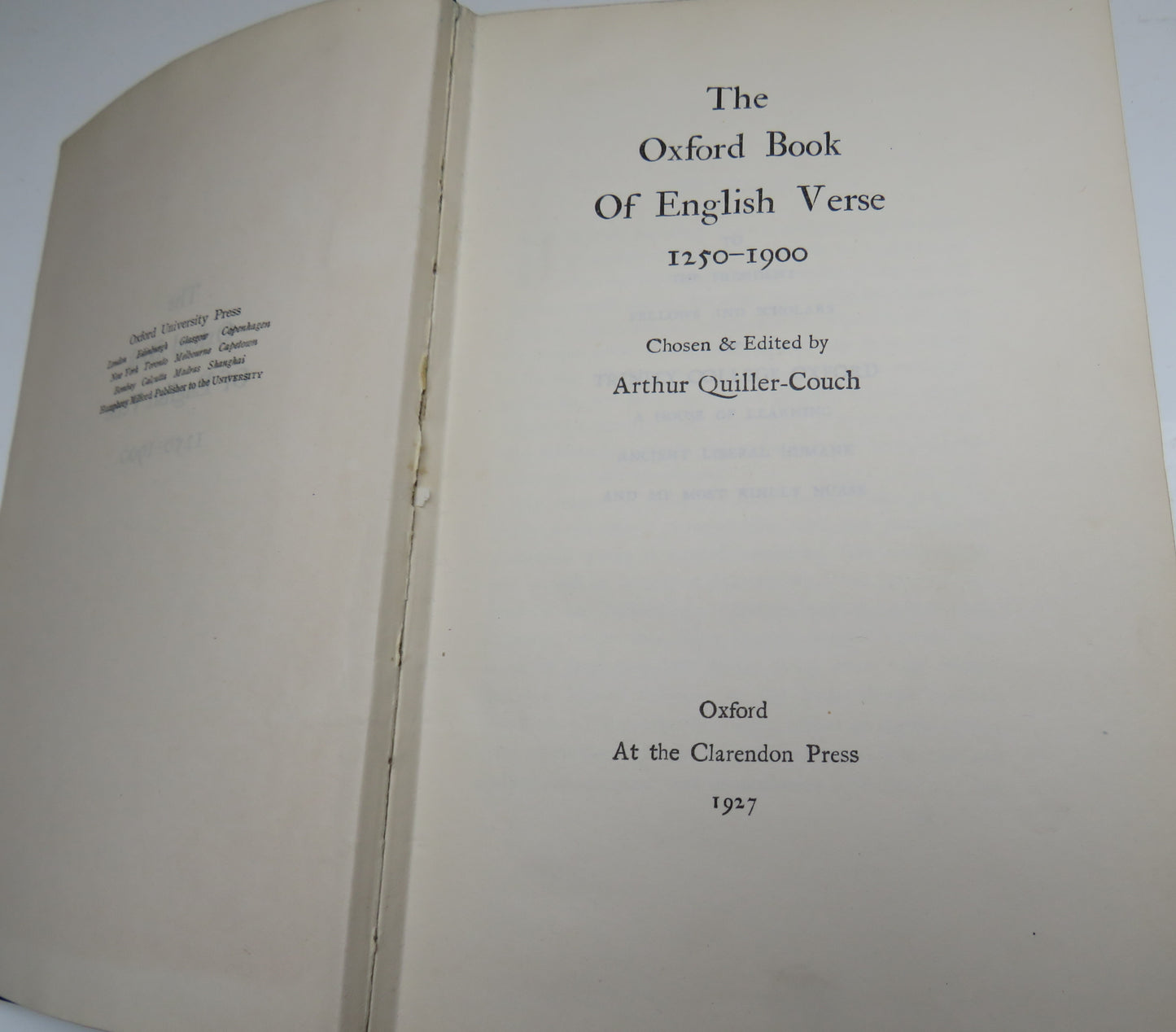 The Oxford Book Of English Verse 1250-1900 Chosen and Edited By Arthur Quiller-Couch 1927