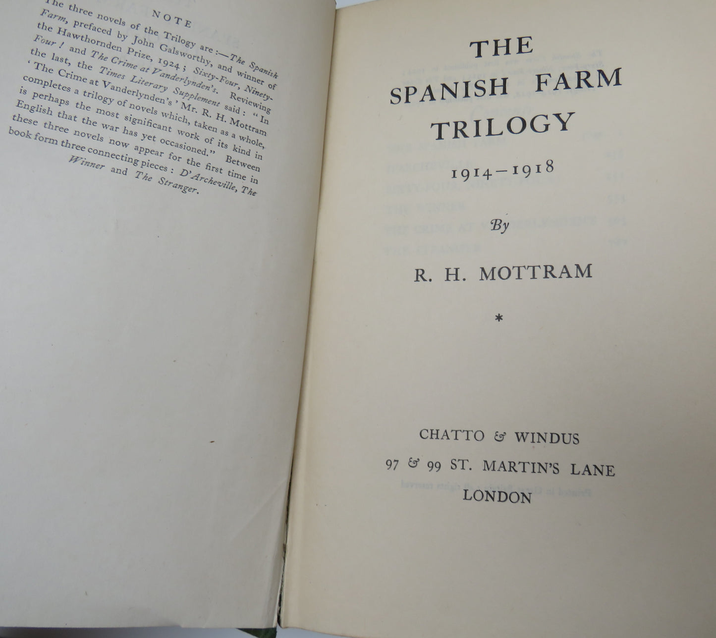 The Spanish Farm Trilogy 1914-1918 By R. H. Mottram 1927