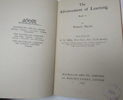 The Advancement Of Learning Book I. By Francis Bacon 1934 book image 3
